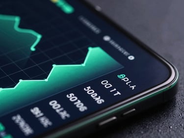 Extreme macro shot of a sleek Android smartphone screen showing a highly detailed, dark-themed financial dashboard with neon-mint graphs, dramatic studio lighting with subtle green edge-glows, right-aligned composition.