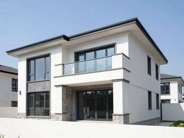 Sharp architectural photograph of a premium modern two-story residential villa, crisp white walls, gray stone accents, bright natural daylight.