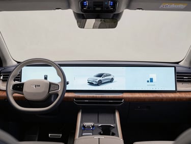 Wide panoramic view of Jaecoo J8 front dashboard, massive dual panoramic screen illuminated, floating center console, refined wood trim accents under subtle ambient light