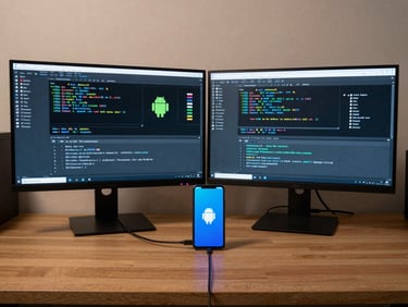 Wide shot of a developer workstation in neutral overhead light, two monitors showing Android Studio profiler traces and logcat output, a test Android device connected via USB on the desk surface, no people visible