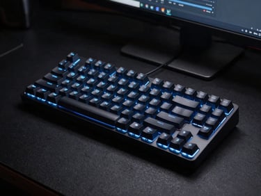 Sleek dark workspace setup, macro shot of a premium mechanical keyboard with glowing electric blue backlighting, clean software UI mockup visible on a monitor in the background, sharp focus, low-key studio lighting