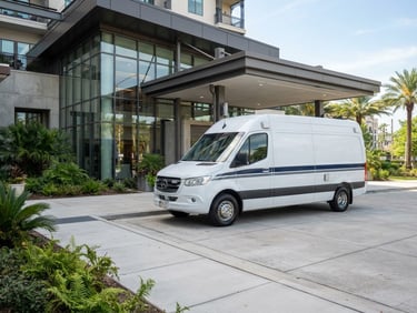 An immaculate white medical transport fleet vehicle parked outside a modern facility in New Orleans, bright natural daylight, architectural framing