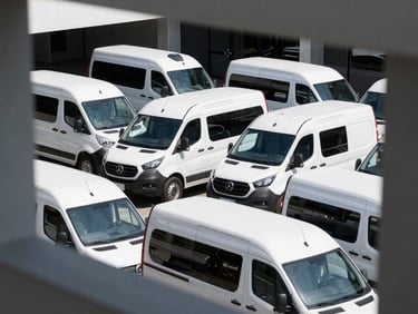 Immaculate white medical transport vans parked in a structured row under bright daylight, clean corporate fleet facility, architectural framing, sharp focus
