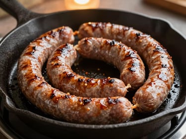 Smoked sausage links coiled on a cast iron skillet, glistening dark casing with split ends showing seasoned interior, warm tungsten light from above
