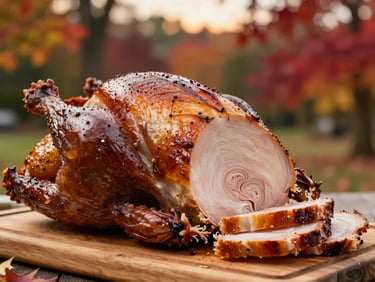 Close-up of a seasonal smoked turkey breast being sliced on a wooden board during an autumn outdoor event, deep amber and red foliage blurred in the background, warm dusk light
