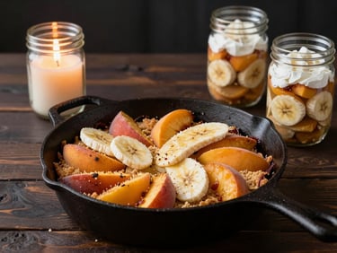 Rustic dessert spread on a dark wood table — peach cobbler in a cast iron pan and thick-sliced banana pudding in mason jars, warm candlelight from the side