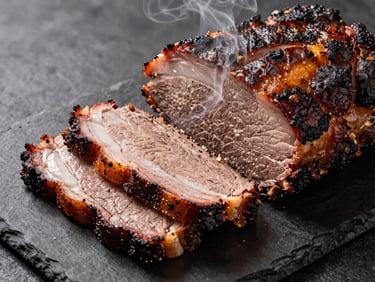 Overhead close-up of thick-cut smoked brisket slices fanned on a dark slate board, deep smoke ring visible, warm studio tungsten light, steam wisps above the meat
