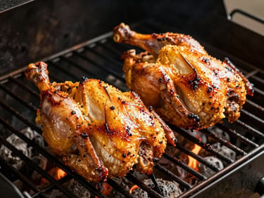 Smoked whole chicken halves on a dark grill grate, golden mahogany skin with light char marks, warm backlit glow, close environmental framing