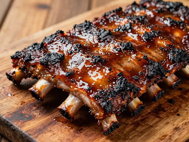 Close-up of a rack of smoked BBQ ribs with charred bark and glistening glaze on a worn wooden surface, warm golden-hour side lighting, tight frame showing rib bone ends and caramelized crust