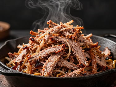Pulled pork heaped high in a cast iron serving pan, shredded strands catching warm tungsten light, a thin line of smoke visible above the meat, dark background