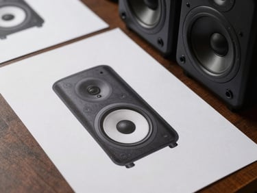 A high-resolution design mockup on a studio monitor next to physical paper proofs under directional light
