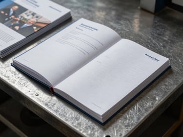 Overhead flat-lay of printed corporate catalogs and brochures stacked neatly on an industrial metal workbench