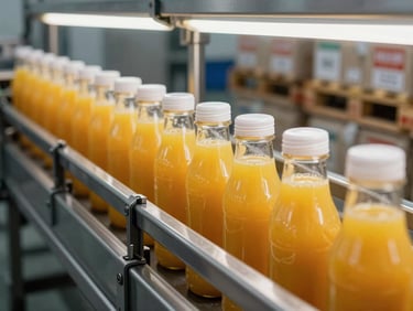 Close-up of a stainless steel filling line, rows of sealed transparent bottles filled with orange juice under tungsten overhead lighting, labeled pallets stacked in background, industrial floor visible