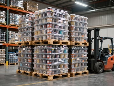 Wide shot of organized finished-goods inventory on warehouse racking under facility overhead lighting, pallets of sealed containers stacked uniformly, forklift aisle visible to the right
