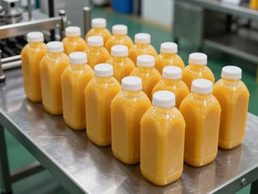 Overhead shot of filled orange juice containers lined on a stainless steel packing table under facility overhead lighting, uniform fill levels, production floor in background