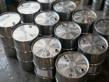 Overhead shot of sealed concentrate drums arranged in a grid on a warehouse floor, stainless steel lids, industrial facility lighting, barcode labels visible on drum sides