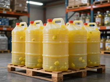 Medium shot of sealed lemon concentrate drums organized on a cold storage pallet inside a refrigerated warehouse, tungsten overhead light, facility shelving in background depth
