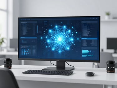 A high-tech digital workspace displaying an AI generative interface, glowing electric blue nodes, abstract neural network overlays, clean modern aesthetic, 35mm lens