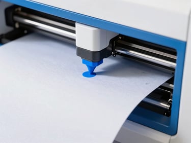 Close-up of a modern high-speed digital printing machine head depositing vibrant blue ink onto textured paper, macro shot
