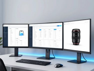 Modern tech workspace with ultra-wide monitors displaying clean UI design, bright studio lighting, subtle electric blue ambient glow, 35mm lens