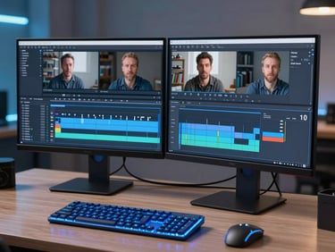 Professional video editing software timeline on a dual monitor setup, glowing blue keyboards, dim creative studio, sharp focus