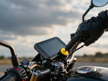 Close-up of a gloved hand pressing a bright yellow alert button on a smartphone screen mounted on a motorcycle, dramatic overcast daylight, high-contrast leather and chrome textures