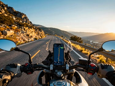 First-person perspective over motorcycle handlebars at golden hour, phone mounted securely showing a high-contrast dark blue navigation route, winding mountain road stretching ahead, cinematic lighting