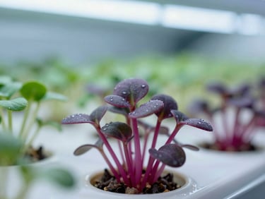 Extreme macro photograph of deep fuchsia amaranth microgreens, cool-toned LED lighting, crisp commercial food photography, sharp detail