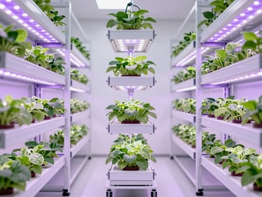 Crisp architectural wide shot of automated vertical growing racks with glowing purple and white LED arrays in a sterile, white indoor farming facility, clean-room aesthetic, 35mm photography