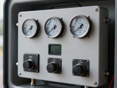 Macro shot of a high-tech digital control panel inside a modern hydrocleaning truck, showing pressure gauges, digital flow rates, and diagnostic telemetry, clean and technical