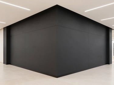 Clean 45-degree corner perspective of a modern retail showroom in Riyadh, sharp gypsum board ceiling lines, flawless matte charcoal paint finish, minimalist styling.