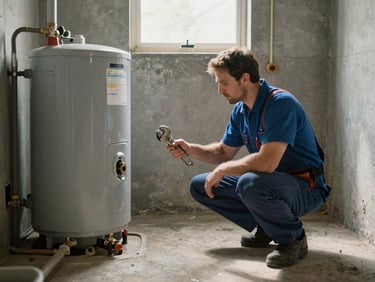 Wide environmental shot inside a Yonkers residential utility room, a plumber crouching beside a water heater with a pipe wrench in hand, natural daylight from a small window overhead, concrete floor and exposed piping