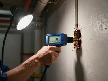 Plumber pressing an electronic leak detector against an exposed wall pipe in a basement mechanical room, side-lit by a portable work lamp, pipes visible in background
