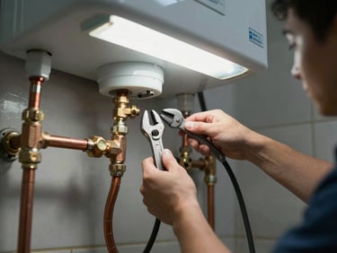 Plumber connecting supply lines to a new tank water heater in a residential utility closet, overhead fluorescent light, copper fittings and pipe wrench in foreground