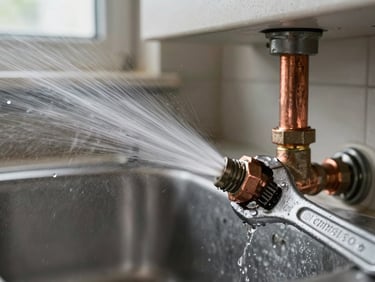 Close-up of a burst copper pipe spraying water under a sink cabinet, a wrench gripping the fitting, natural daylight from a window above, water droplets visible mid-air