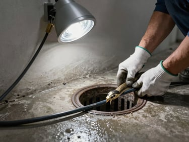 Drain snake cable being fed into a floor drain in a utility room, tungsten work light overhead, wet concrete floor, plumber's gloved hands guiding the cable