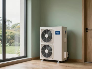 Clean utility room in a modern UK home showing a neatly installed air source heat pump, soft overcast daylight through a window, muted natural green tones, 35mm lens