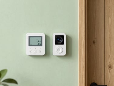 A neatly arranged domestic utility space showing a modern hybrid heat pump controller alongside smart home energy meters, soft lighting, 35mm lens