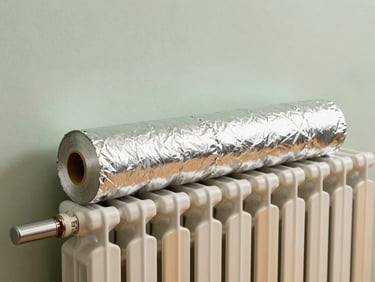 A roll of high-density silver reflective foil insulation being applied behind a domestic radiator.