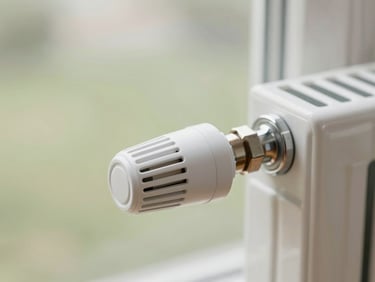 A sleek white smart thermostatic radiator valve mounted on a modern metal radiator, soft overcast UK daylight.