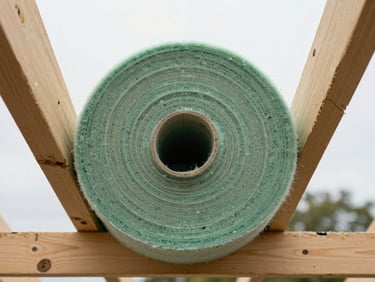 A close-up of thick, high-density mineral wool loft insulation rolls sitting between wooden ceiling joists.