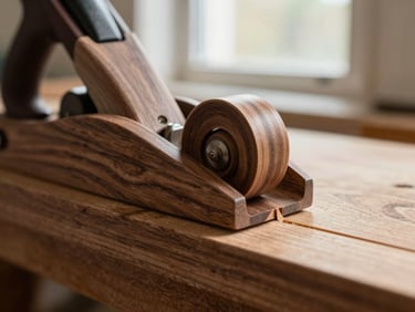 Close-up macro detail of a hand plane curling a thin shaving of walnut off a perfectly flush-fit joint, warm workshop window light, rich grain