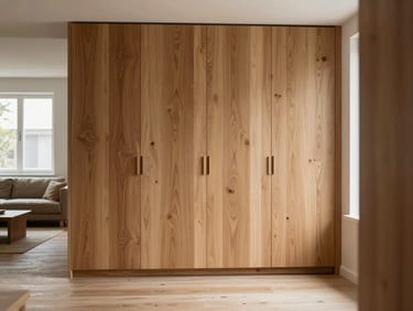 Straight-on architectural composition of finished white oak cabinetry integrated into a minimalist modern living room, natural side-lighting, rich timber tones, shallow depth of field