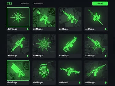 Web interface showing a grid of CS2 workshop maps like de_mirage and de_dust2 with a green install button, high contrast dark theme