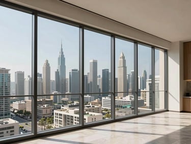 Close-up daylight photo of a high-quality residential apartment interior render showing floor-to-ceiling windows overlooking Dubai skyline, architectural finishes, no people