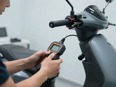 Close-up of a technician connecting an OBD diagnostic cable to a modern matte grey scooter, clean clinical workshop environment, cool white light