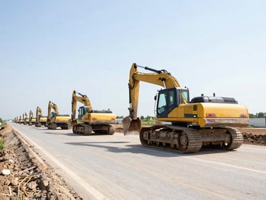 Wide-angle shot of heavy excavators and rollers compacting soil on a wide highway corridor under bright natural light.