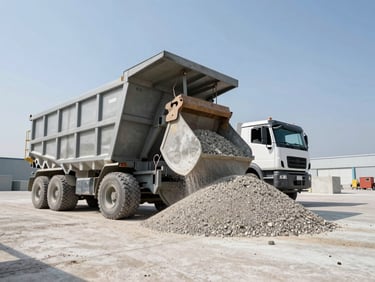 Low-angle heroic shot of a heavy-duty industrial transport truck unloading bulk aggregate at a concrete batching plant.