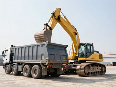 Low-angle heroic shot of a heavy yellow crawler excavator loading aggregate into a multi-axle tipper truck under bright daylight, high-contrast steel tones