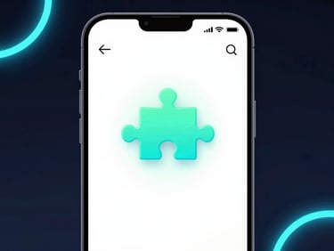 Casual mobile game interface on an Android screen, vibrant neon mint puzzle elements, clean geometric design, dark background
